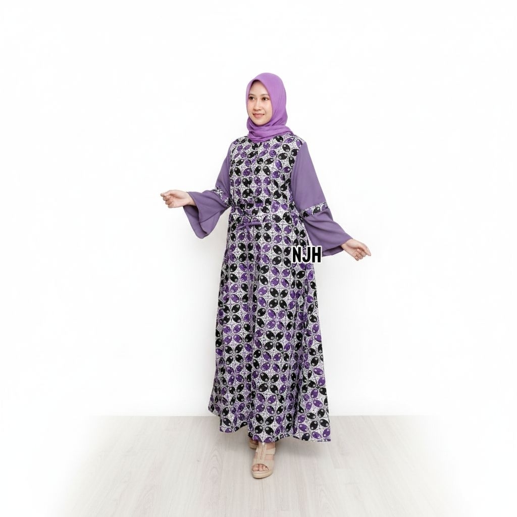 Gamis Batik Kawung Ungu Kombinasi polos