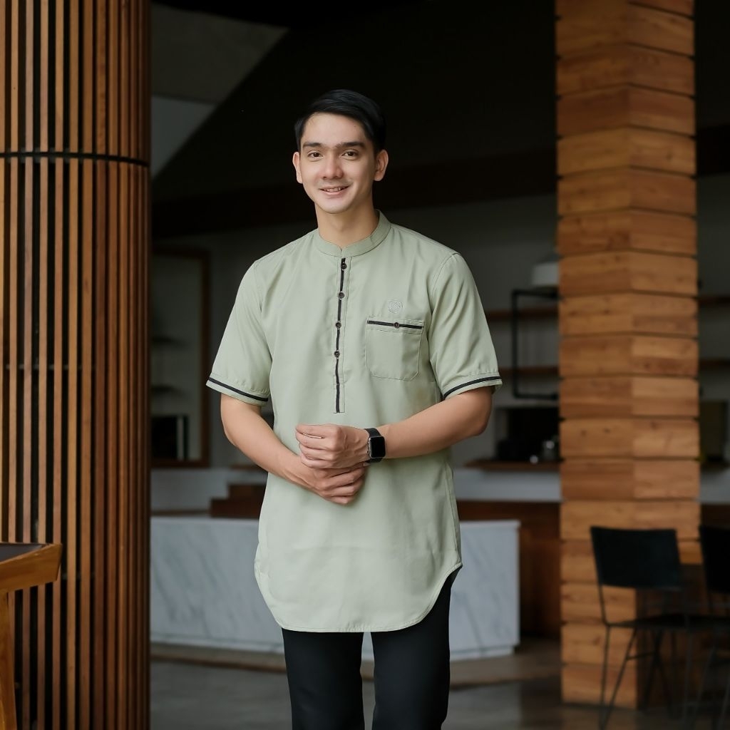 Baju Koko Pria Lengan Pendek / Fashion Muslim Pria / Pakaian Kurta Pria / Kurta / Sage green