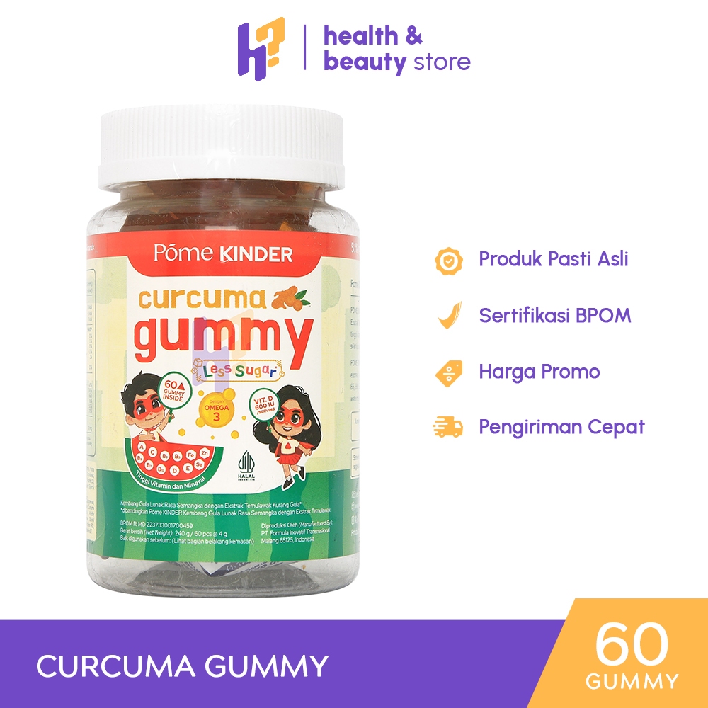 POME KINDER LESS SUGAR BOTOL KEMASAN 60 GUMMY | Gummy Curcuma, Minyak Ikan, Fish Oil, Omega 3, Daya 