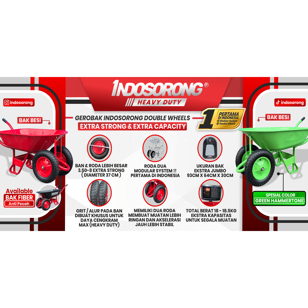 INDOSORONG GEROBAK SORONG / GEROBAK SAWIT / KERETA SORONG RODA DUA - BAK FIBER ( FULL SET )