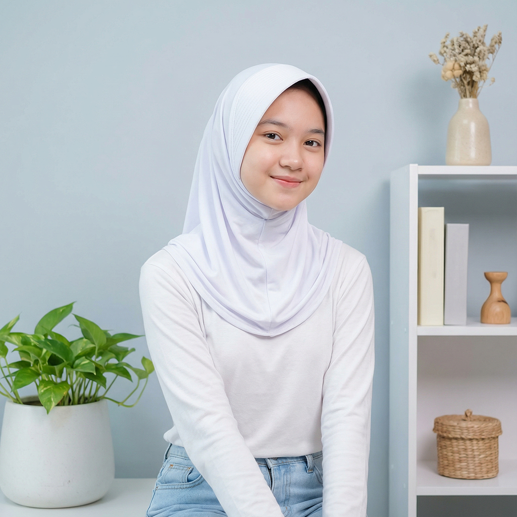 Khayla Bergo Sport - Hijab Instan Olahraga Warna Putih Pet Tebal Bahan Spandex Size S