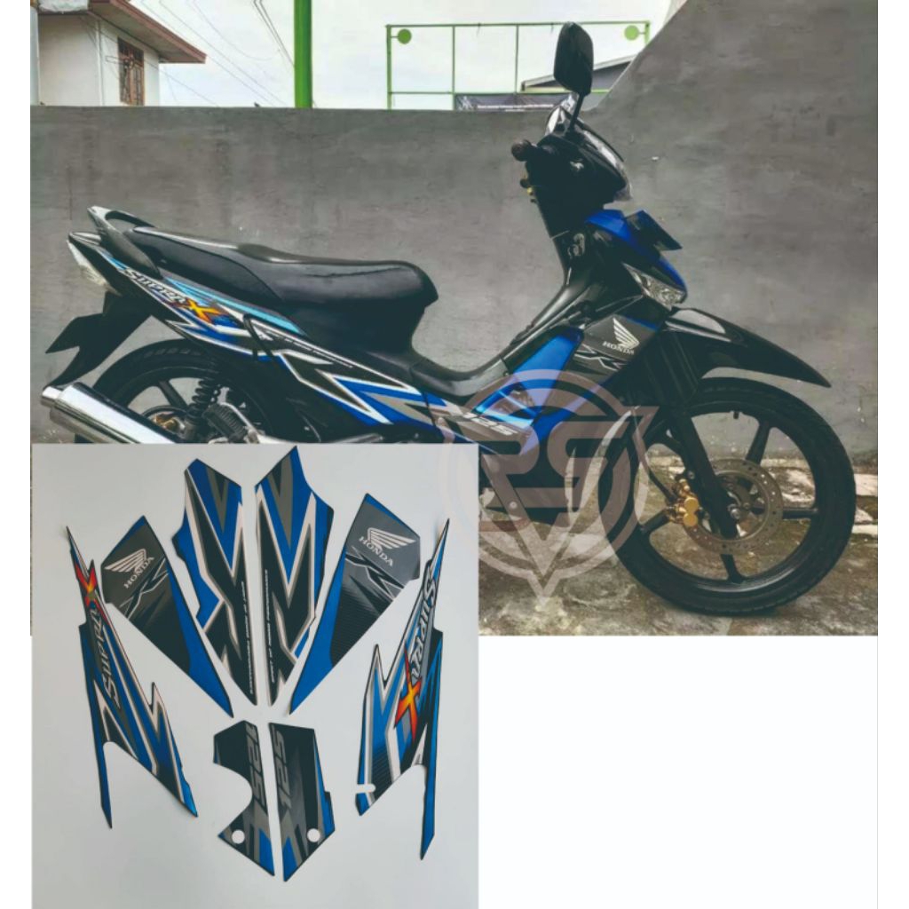 striping motor Supra x 125 tahun 2012 warna hitam Lis biru