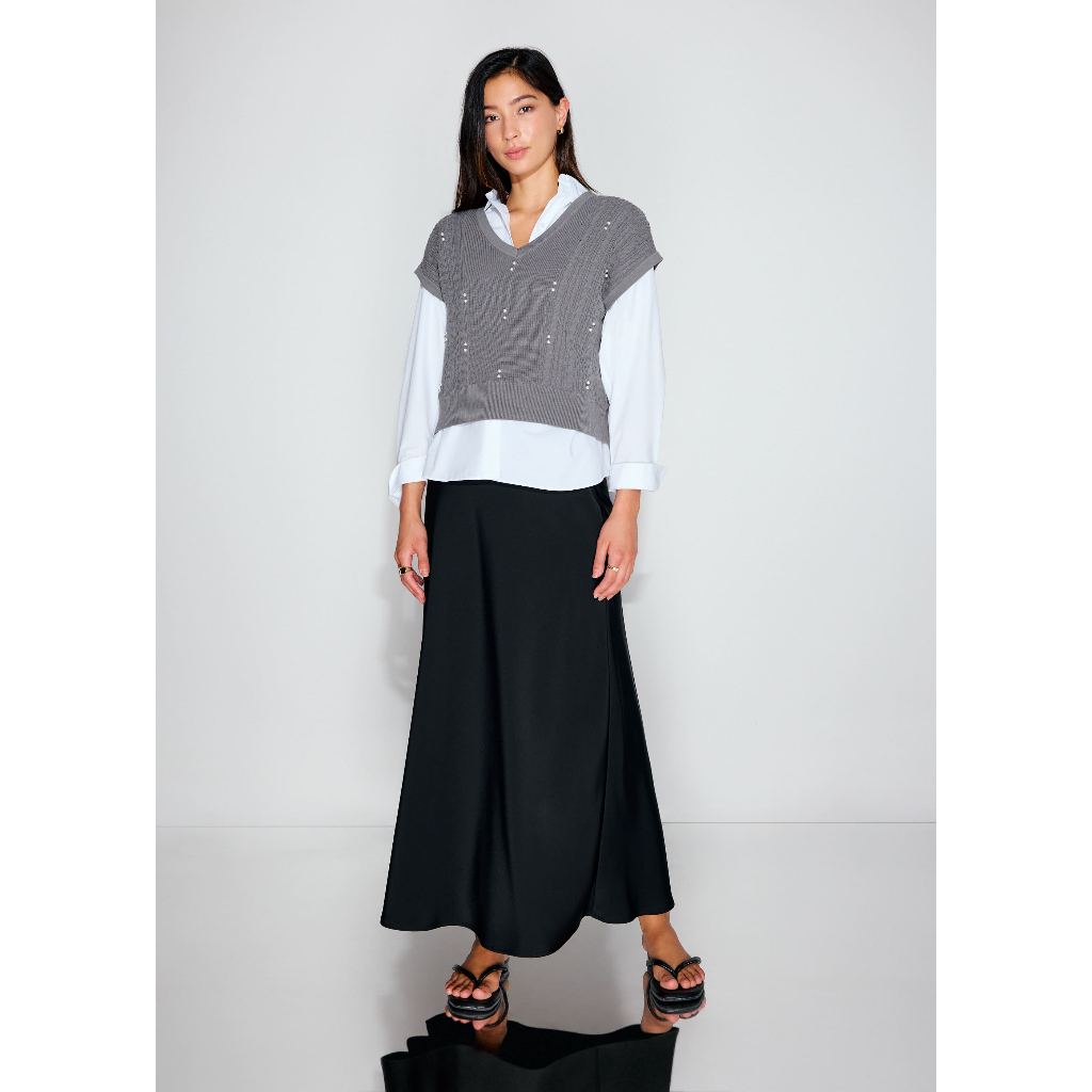 Love Bonito - Atasan Wanita - Relaxed Pearl Embellished Cable Knit Shell Top - Grey