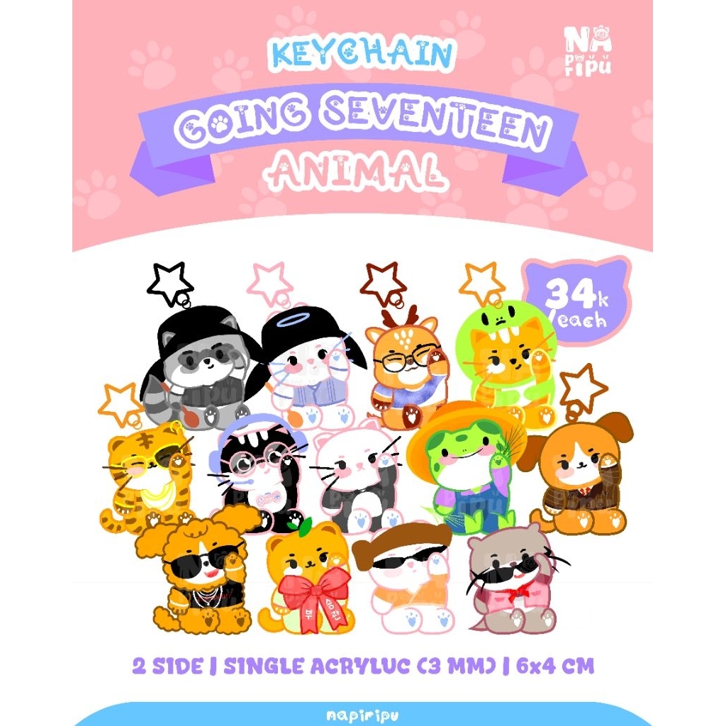(PO) Going SEVENTEEN Animal Keychain & Sticker Pack | Gantungan kunci stiker set chibi bag charm kpo