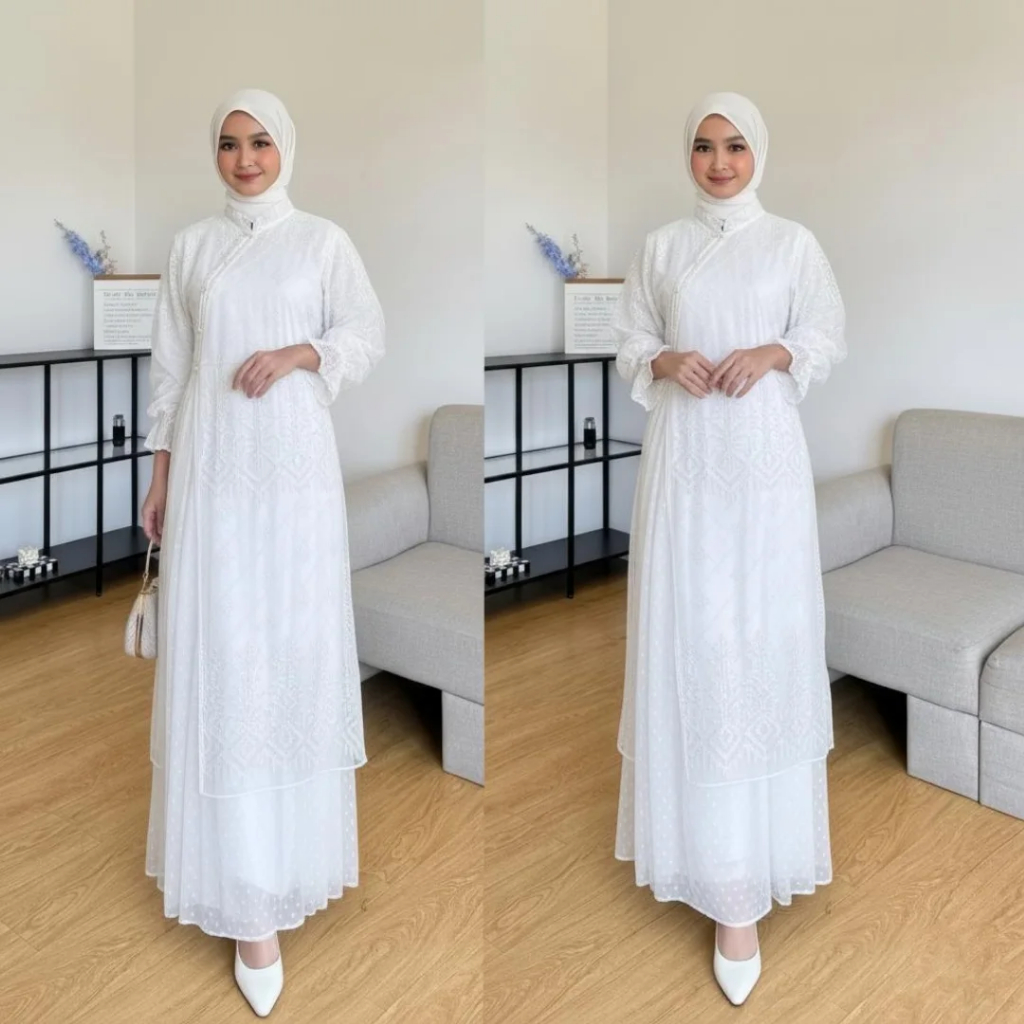 Gamis Pesta Mewah Elegan Mahira Dress Gamis Putih Wanita Kekinian Gamis Brokat Kondangan Mahogany