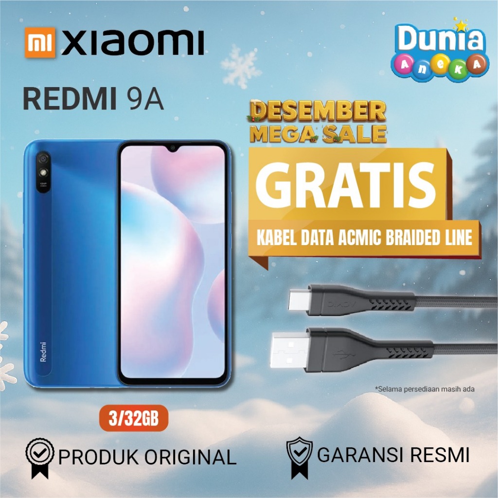HP Xiaomi Redmi 9A RAM 3GB/ROM 32GB - Layar 6.53" - Baterai 5000mAh - BONUS Kabel Data ACMIC Braided