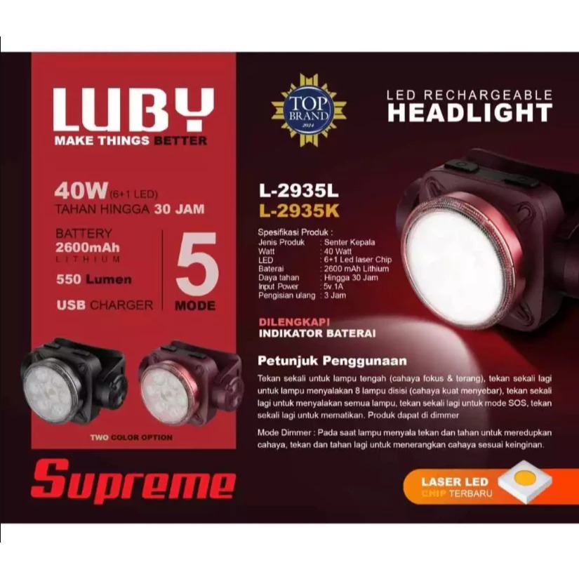 Senter Kepala/Headlamp 40 Watt Luby