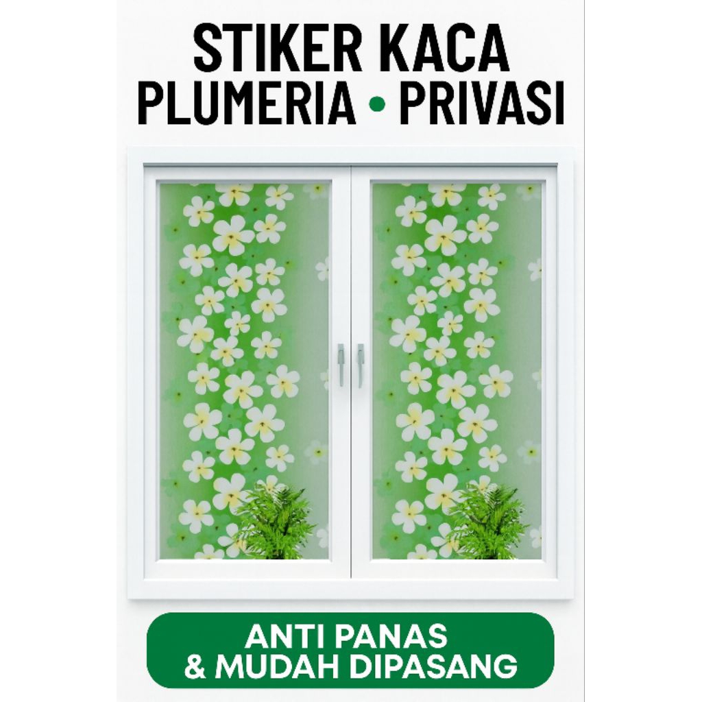 Stiker Kaca Motif Bunga Putih Hijau | Dekorasi Kaca Buram Cantik dan Sejuk