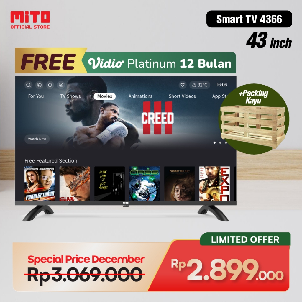 MITO Smart LED TV 4366 43 Inch - OS Coolita 2.1 - HD Ready / DVB T2 / Dolby Audio / YouTube / Prime 