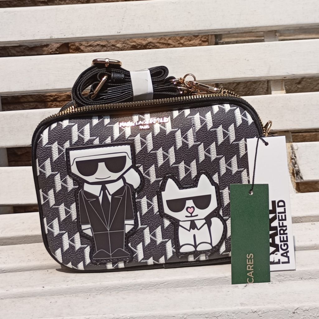 Ready New Hitam Putih Monogram Karl Lagerfeld Maybelle Selempang Tas Crossbody Camera Bag Ikonik