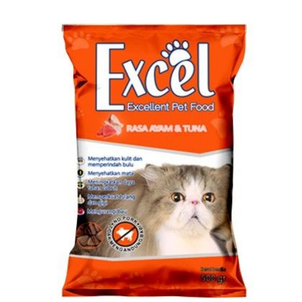 MAKANAN KUCING EXCEL CHICKEN & TUNA. EXCEL ORANGE. BERAT 500G