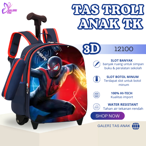 GT Tas Troli Koper Anak Sekolah PAUD&TK  Laki Laki Motif Spiderman Timbul 3D Tas Roda Anak 12100