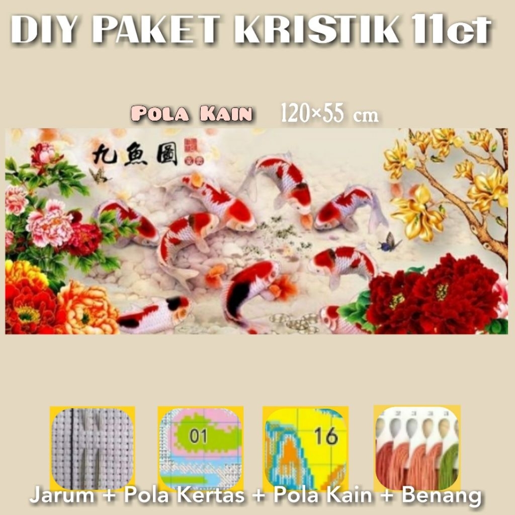 Cross Stitch Kit 11ct Pola Kain: 9 Ikan Koi