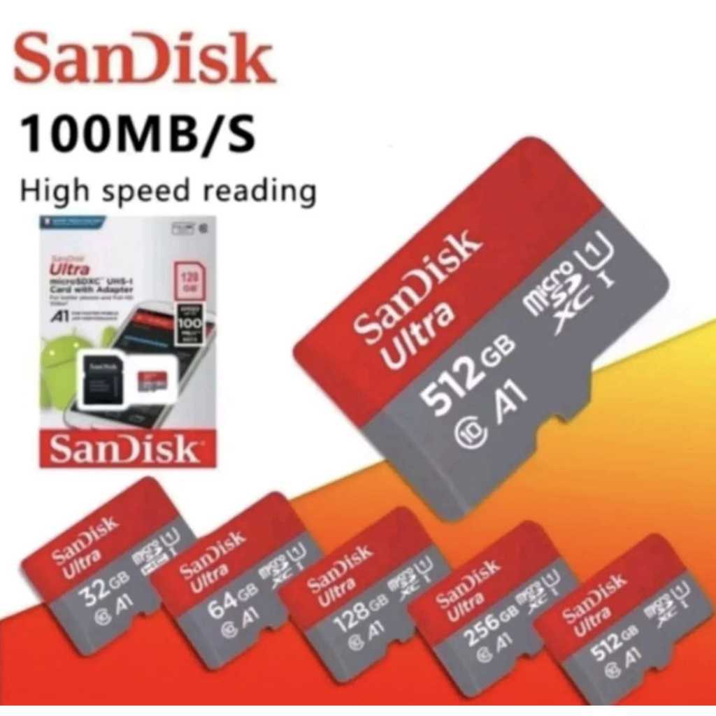 Micro SD Card Sandisk 512GB Adaptor Memori 256GB 100MBS Adaptor