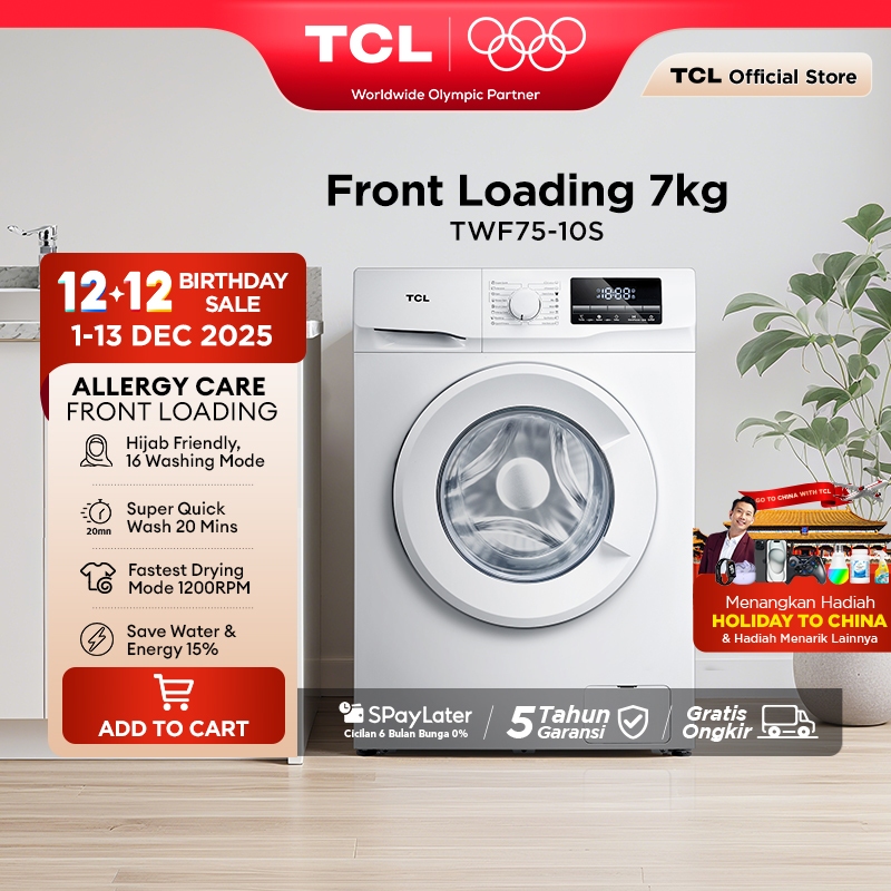 TCL Mesin Cuci Front Loading 7 KG - Honeycomb Crystal Drum – Drum Clean - 16 Wash Program – Hijab Mo