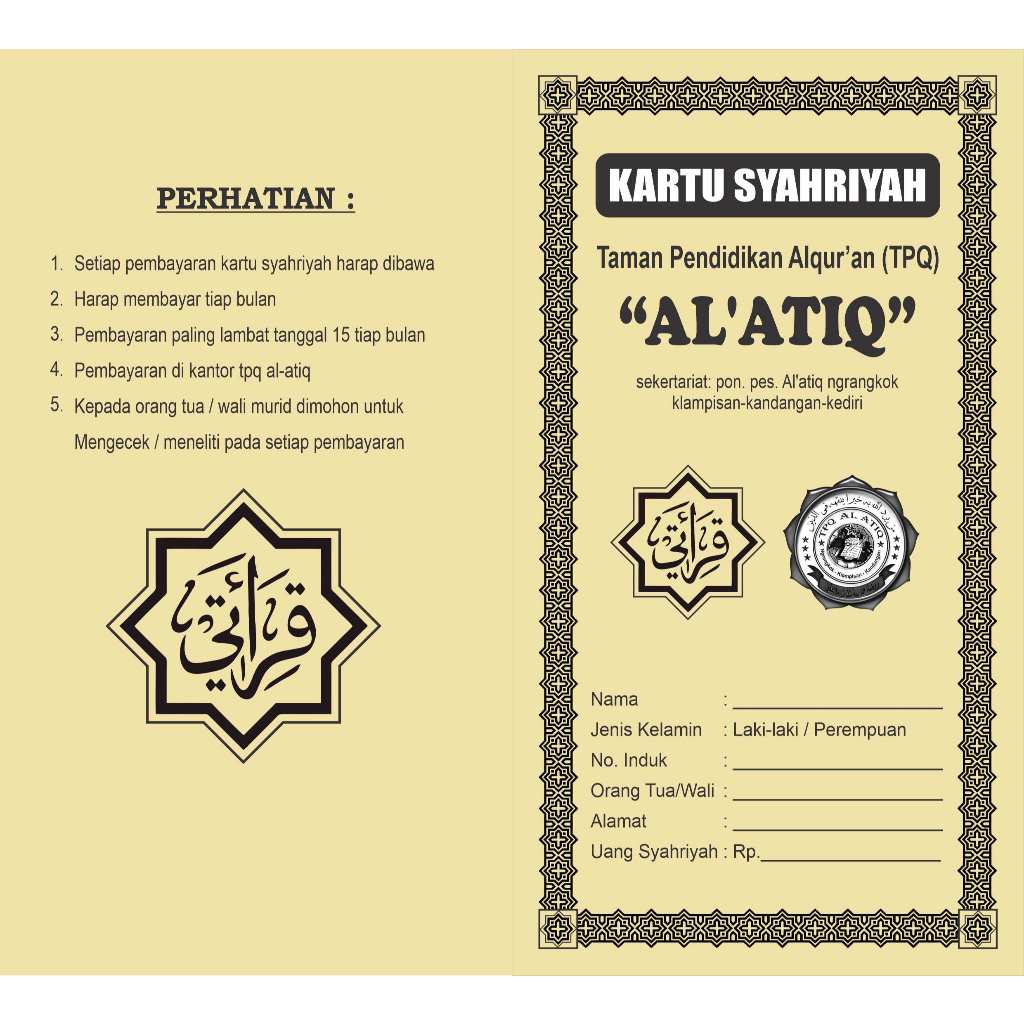 Kartu Syahriyah/Kartu Iuran/SPP/Infaq TPQ, Madrasah, TK, PAUD (CUSTOM) ukuran besar 19x20cm