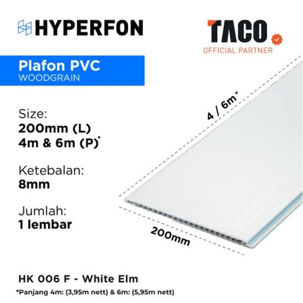 Plafon PVC Putih Doff Laminet TACO HYPERFON HK-006 F (Perlembar)