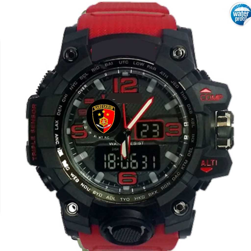 ORIGINAL Jam Tangan Pria BARESKRIM POLRI POLISI DIGITAL ANALOG DUAL TIME ANTI AIR HIJAU ARMY BIRU Ke