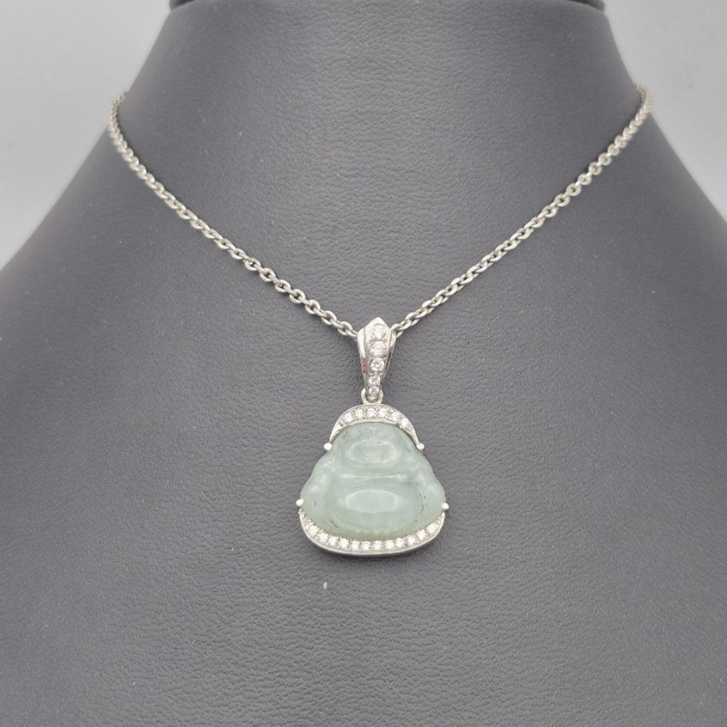 Liontin perak Natural Giok Burma Type A Happy Budha, natural giok burma type A happy budha