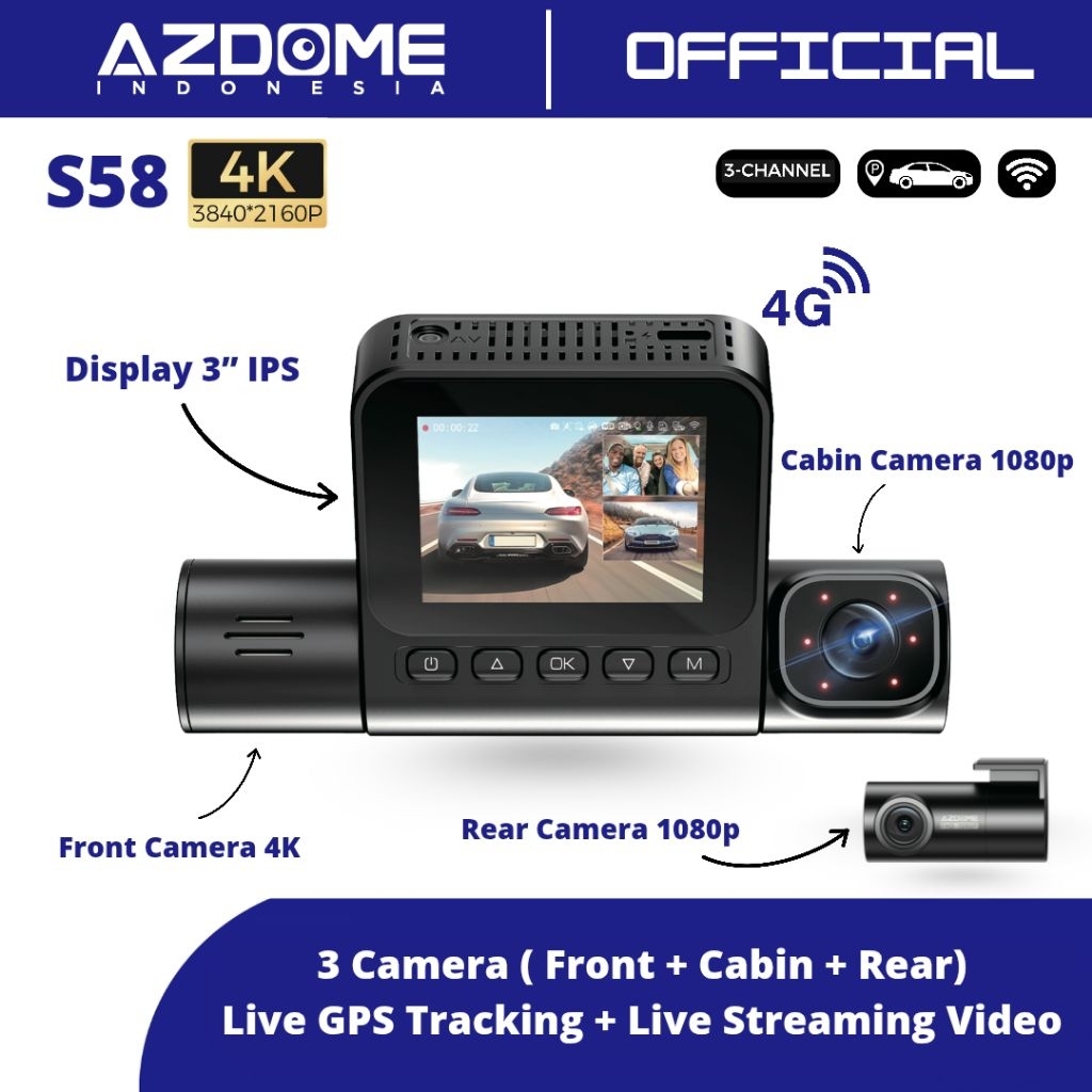 Azdome S58 3 Camera 4G Dashcam 3 Kamera Dash Cam GPS Tracker
