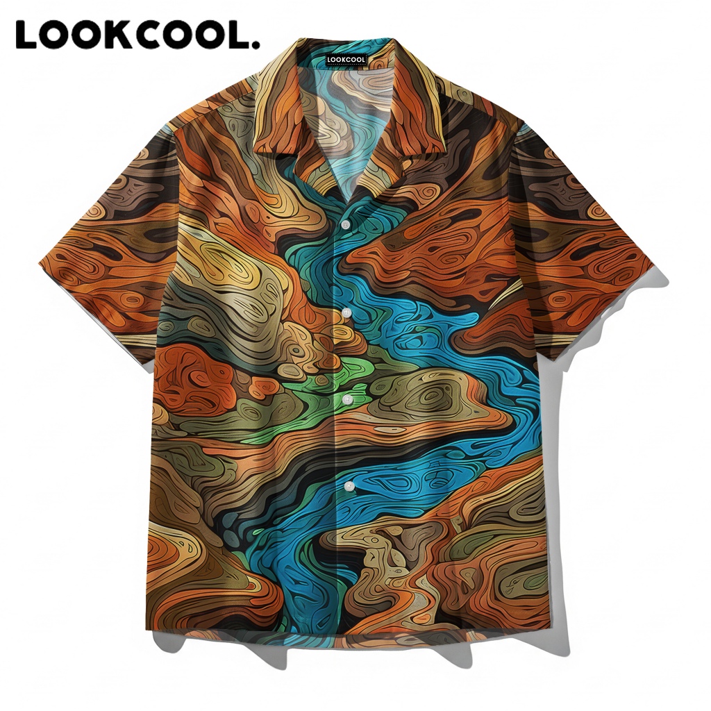 LOOKCOOL Kemeja Pria Motif Sungai Abstrak Topografi Pendek Premium
