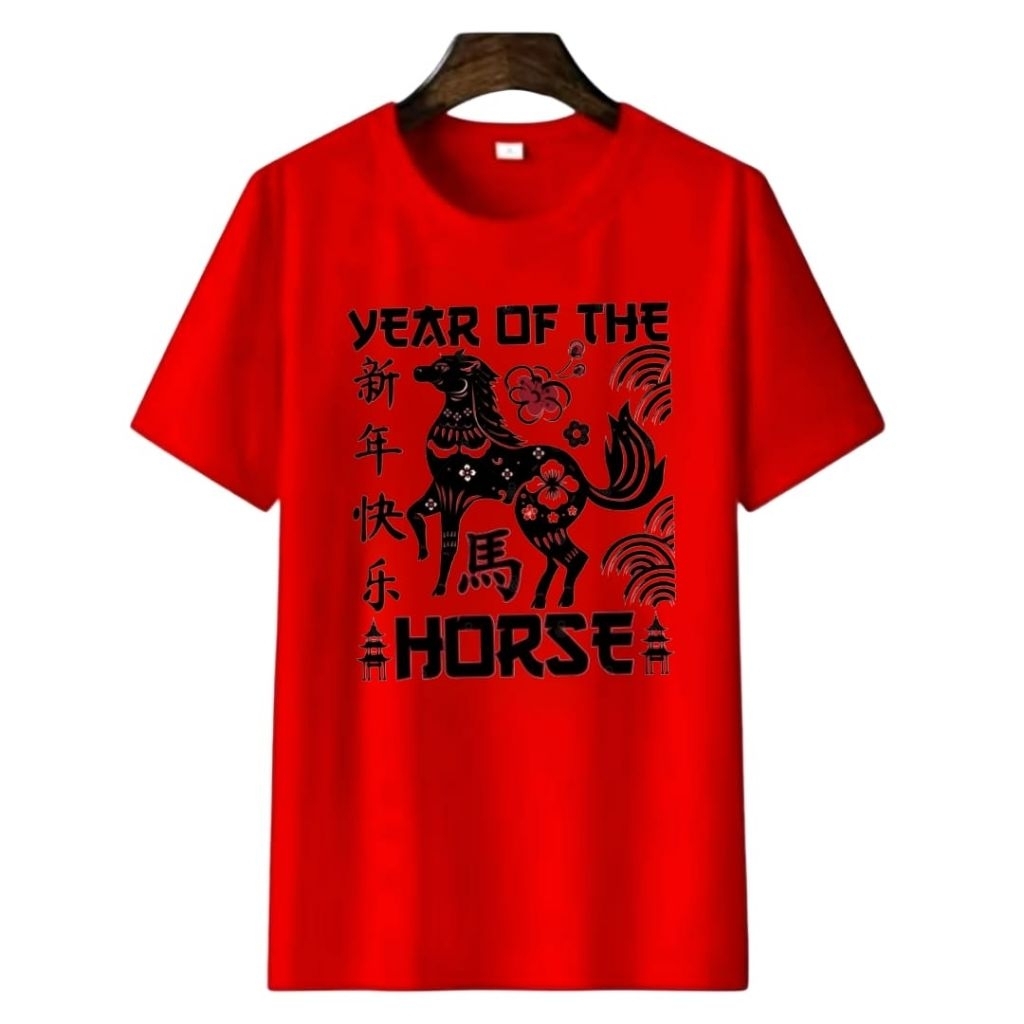 Merah pe/Baju kaos imlek Tahun Kuda 2026 Bahan Semi katun Ukuran Dewasa Pria Wanita