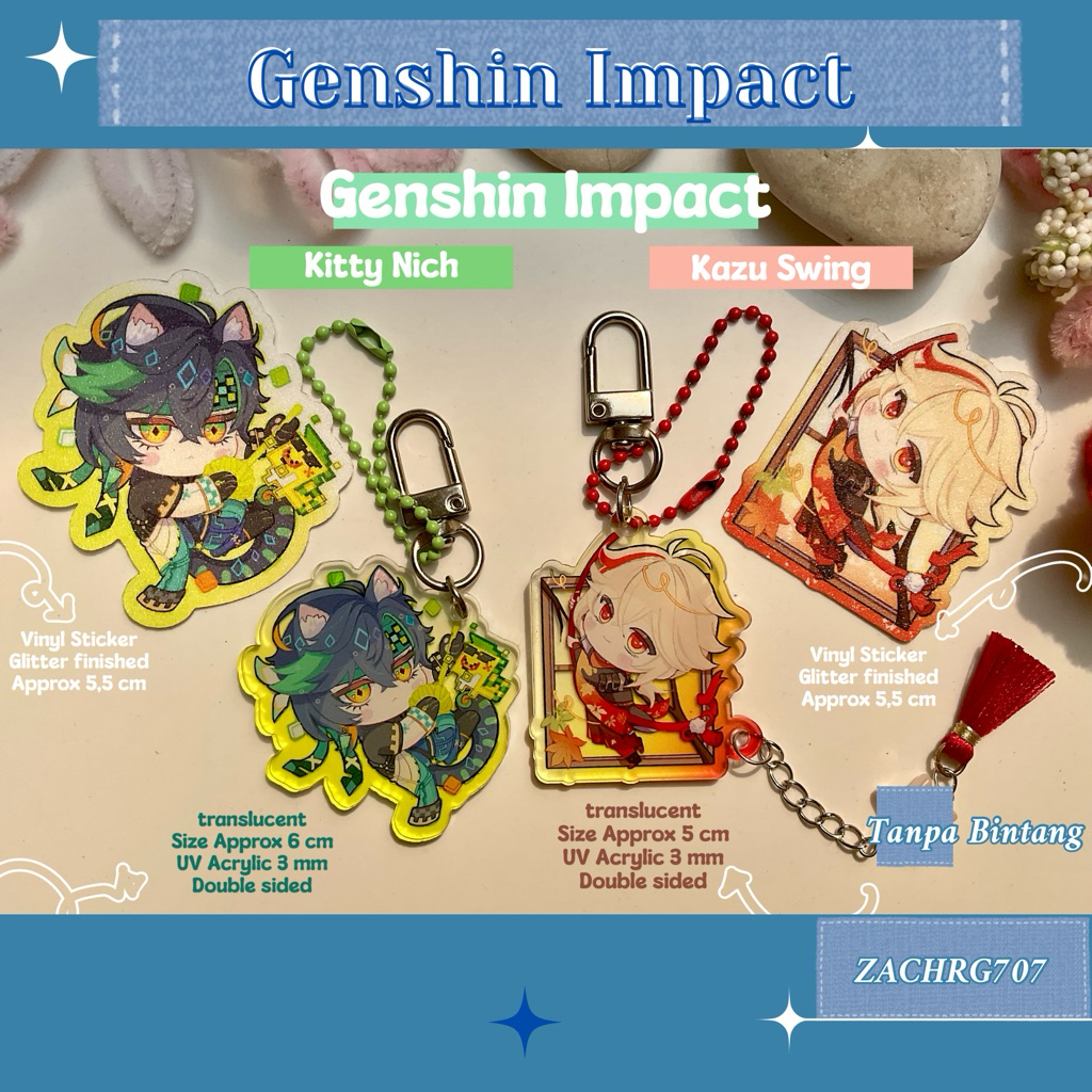 Kitty Nich dan Kazuha Swing Keychain dan Sticker Fan Merch Genshin Impact