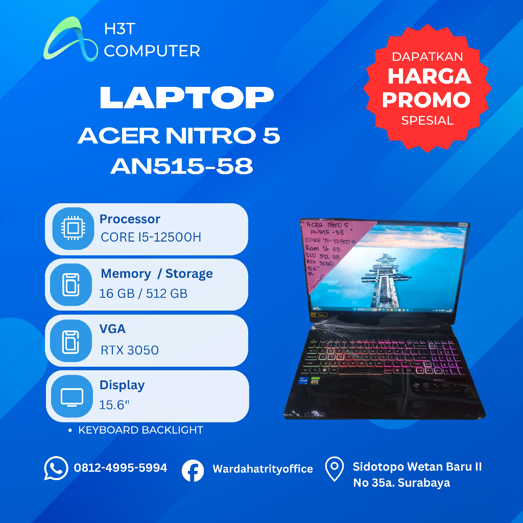 ACER NETRO 5 AN515-58 CORE I5-12500H RAM 16 GB SSD 512 GB RTX3050 15.6 INCH BACKLIGHT/4340