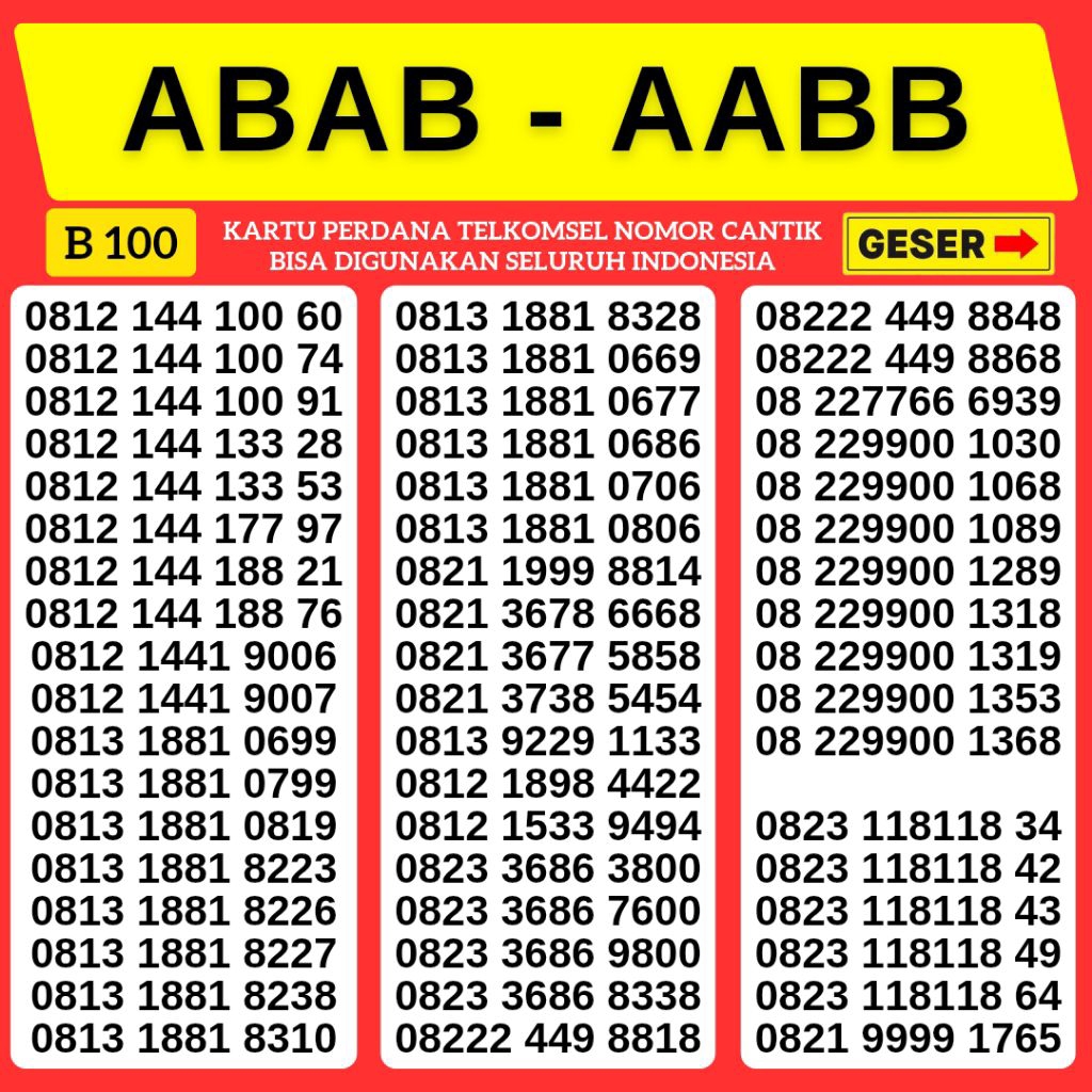KARTU PERDANA NOMOR CANTIK NOMOR  ABAB - AABB SIMPATI 4G 5G TELKOMSEL NOCAN SIMPATI NOMER SIMPATI NO