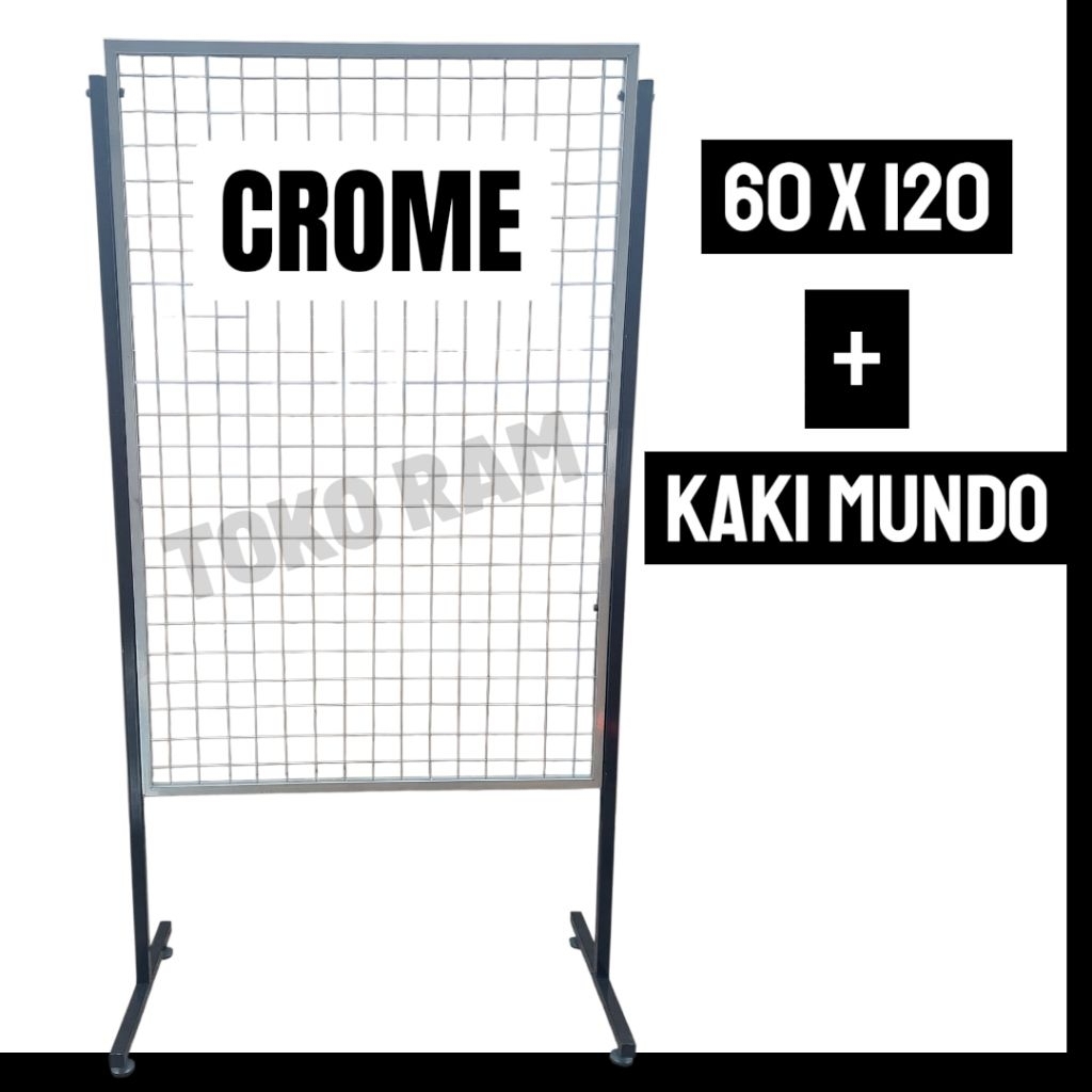 60 x 120 + KAKI MUNDO ram jaring besi crome pajangan display ram aksesoris serbaguna