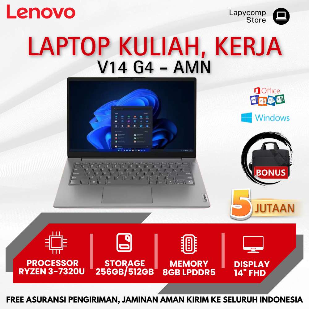 AFF x Lenovo Baru V14 G4 AMN Ryzen 3 RAM 8GB SSD 256GB Laptop GAMING Murah Free Tas Hanya 5 JUTAAN