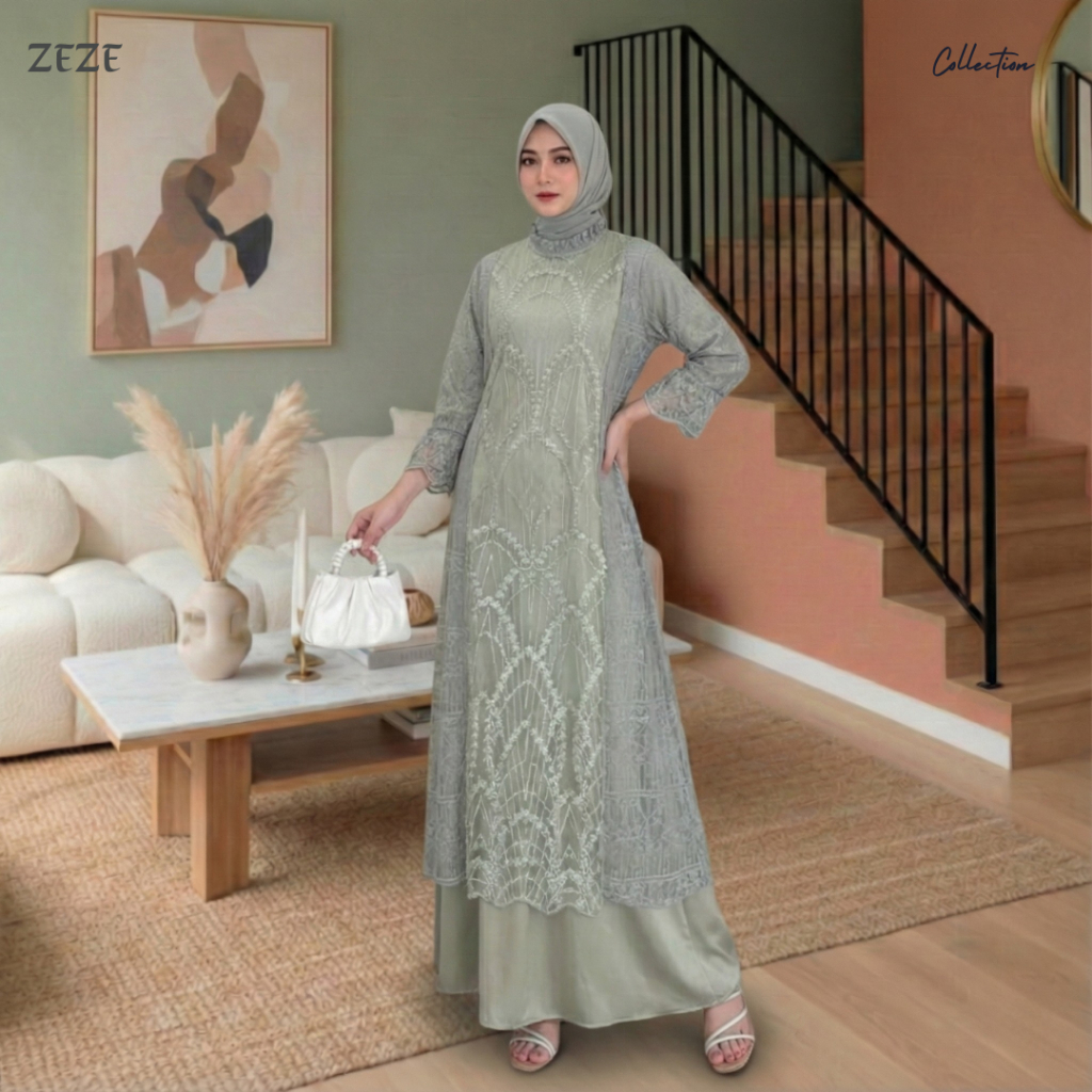 Zeze-Allea Dress Gamis Silk Brokat Premium Hijau Sage Abaya Maxy Brukat Mewah Terbaru