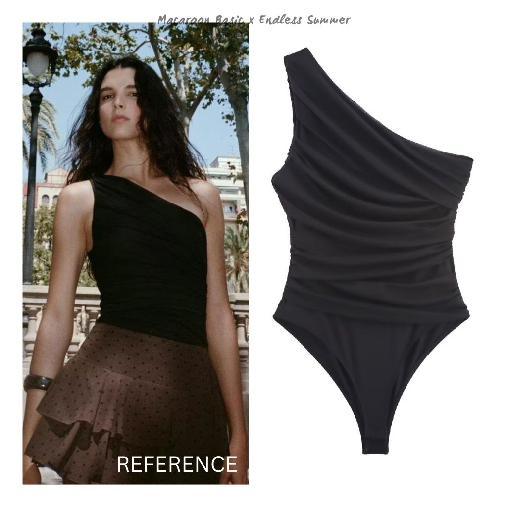 Summer Bodysuit Top - Black One Shoulder Top - Atasan Bodysuit Sexy Wanita (M)