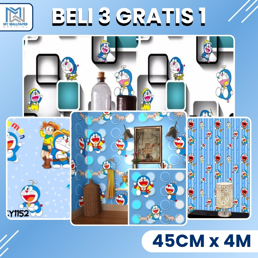 PAKET PROMO Wallpaper Dinding Kamar Tidur Anak Motif Doraemon 3D Walpaper Dinding Kamar Tidur