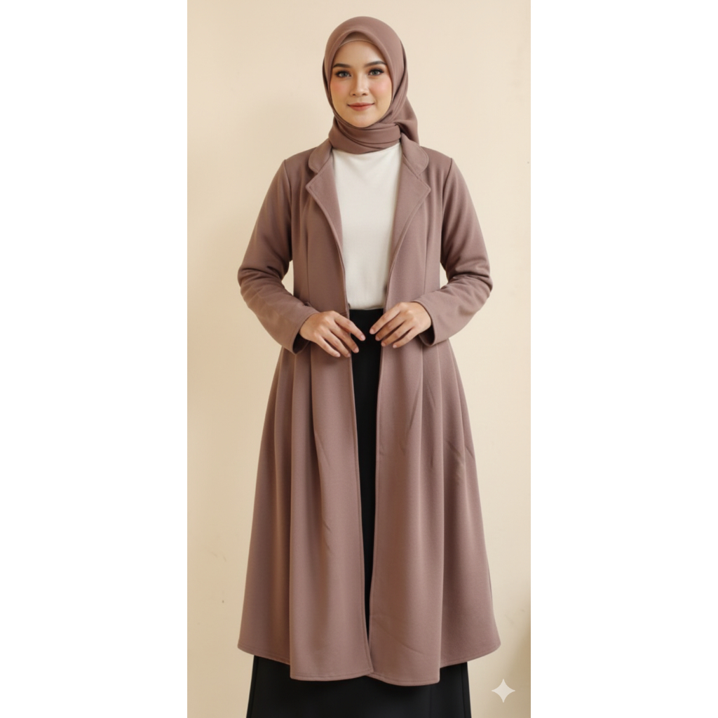 Blazer Panjang Wanita Hijab Friendly | Outer Cardigan Formal Kerja Kancing Depan