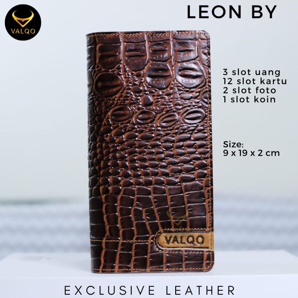 VALQO LEON Dompet Kulit Sapi Motif Buaya Pria Wanita Panjang Kartu Foto Cewek Cowok