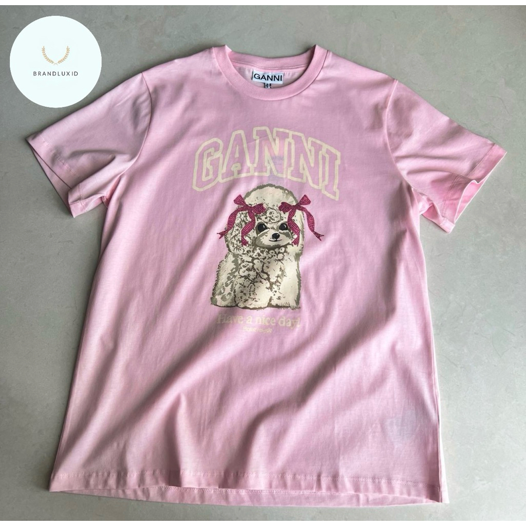Ganni relaxed pink poodle embellishment tshirt in pink