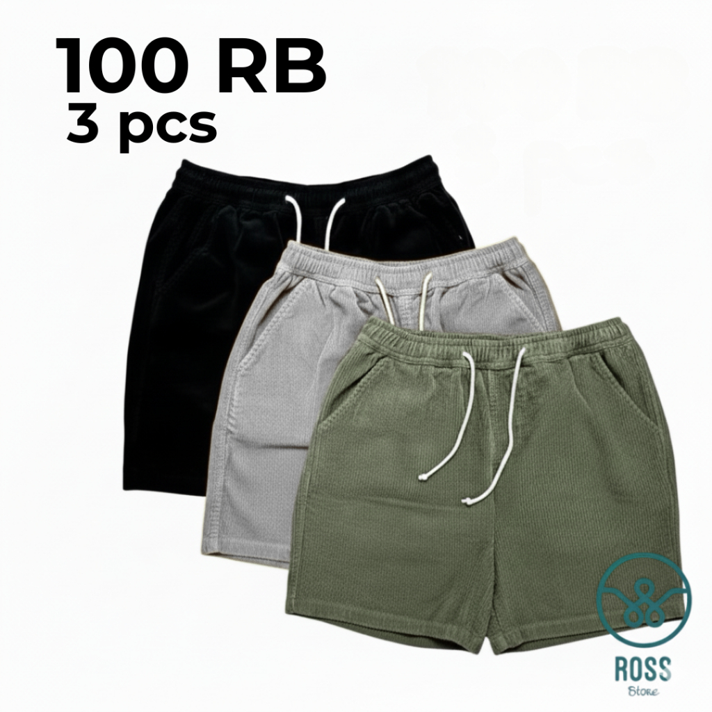 Celana Pendek Corduroy 3 pcs Celana Santai Pria Dewasa Premium Unisex Saku Belakang