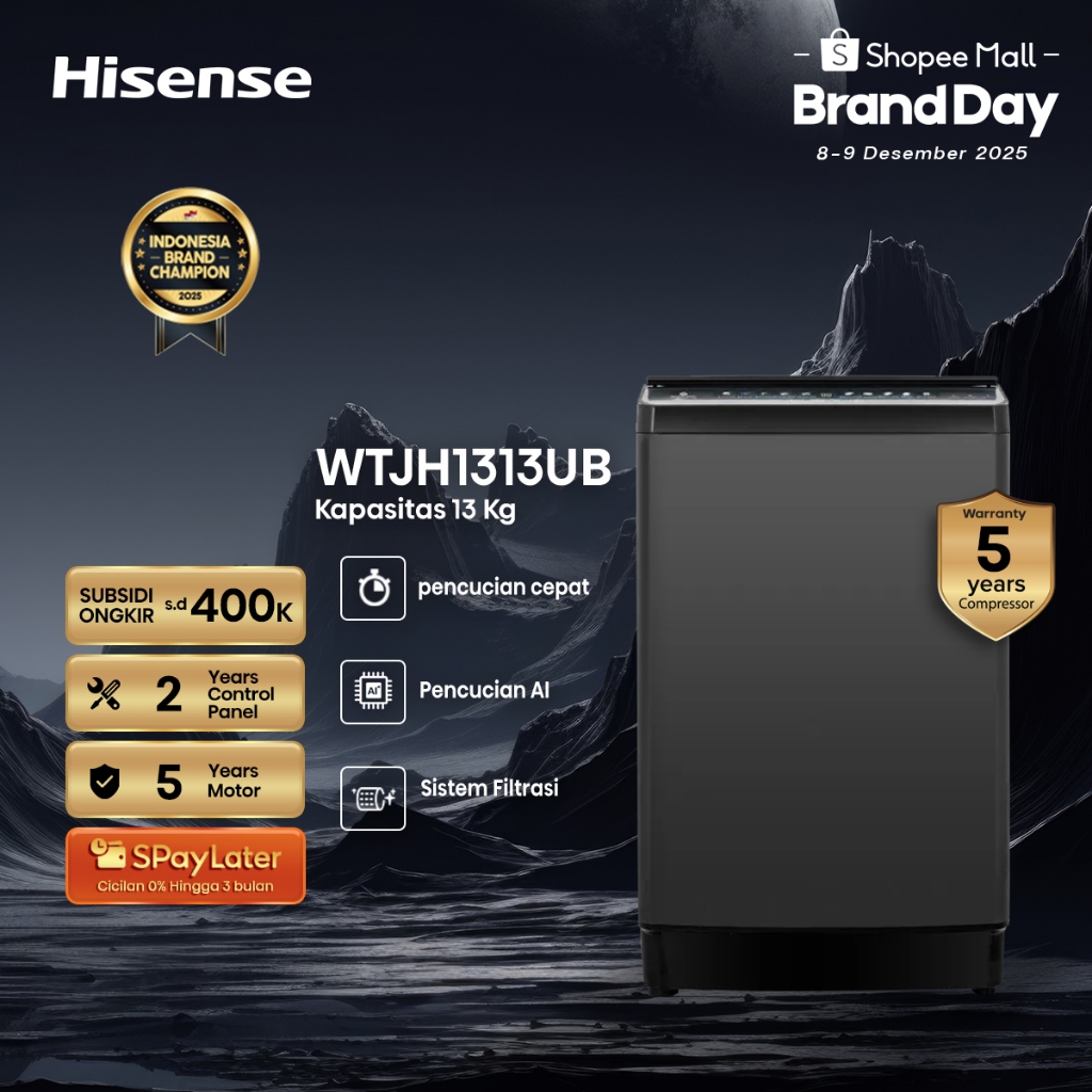 Hisense Mesin Cuci WTJH1313UB Top Loading Kapasitas 13KG 1 Tabung Bukaan Atas Powerful Waterfall Dou