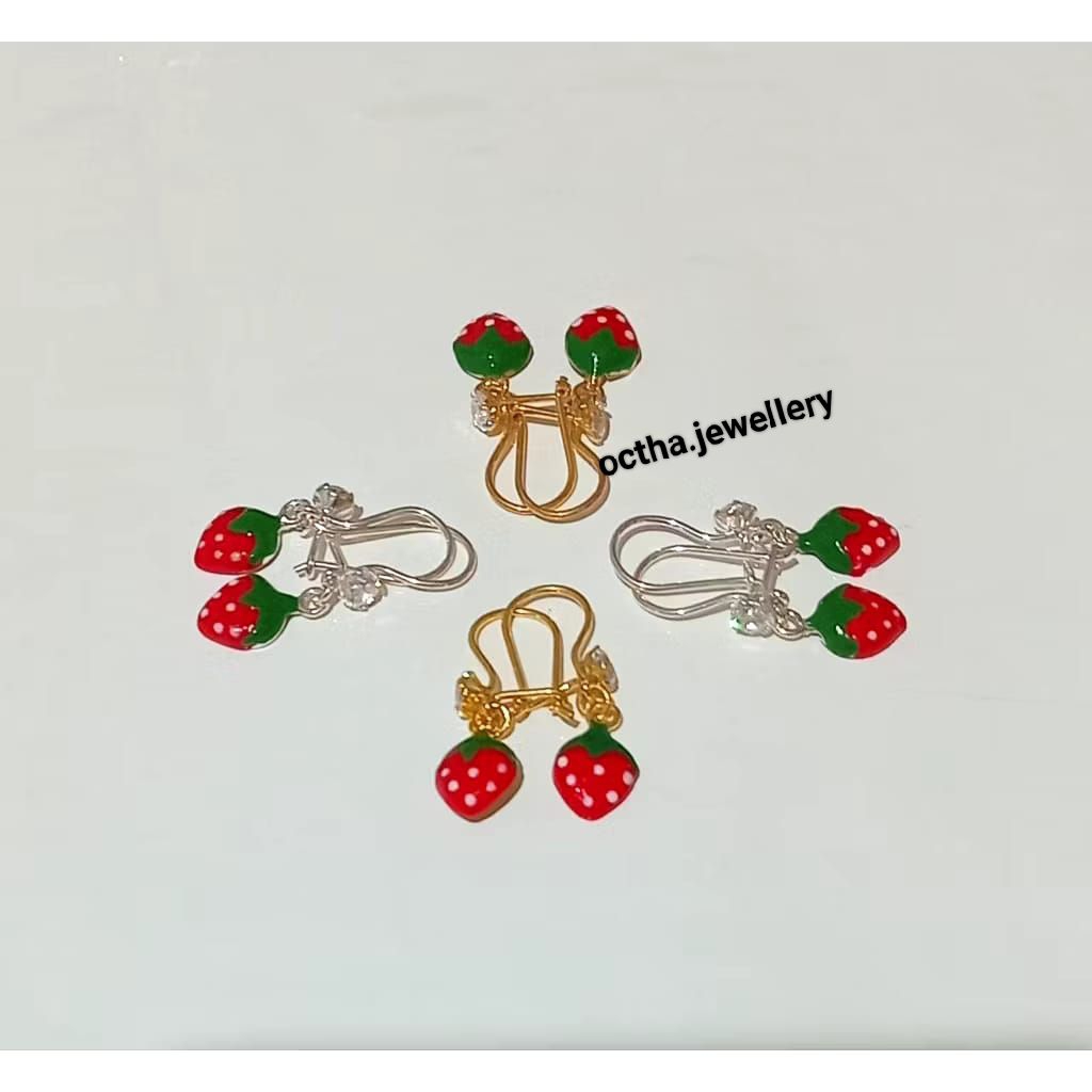 Anting Kait Anak strawberry Perak Asli 925 Lapis Emas