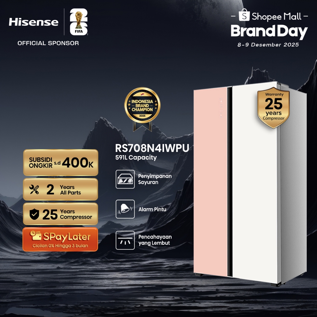 Hisense Kulkas RS708N4IWPU Refrigerator Side By Side Kapasitas 591L Warna Putih Pink Inverter Tanpa 
