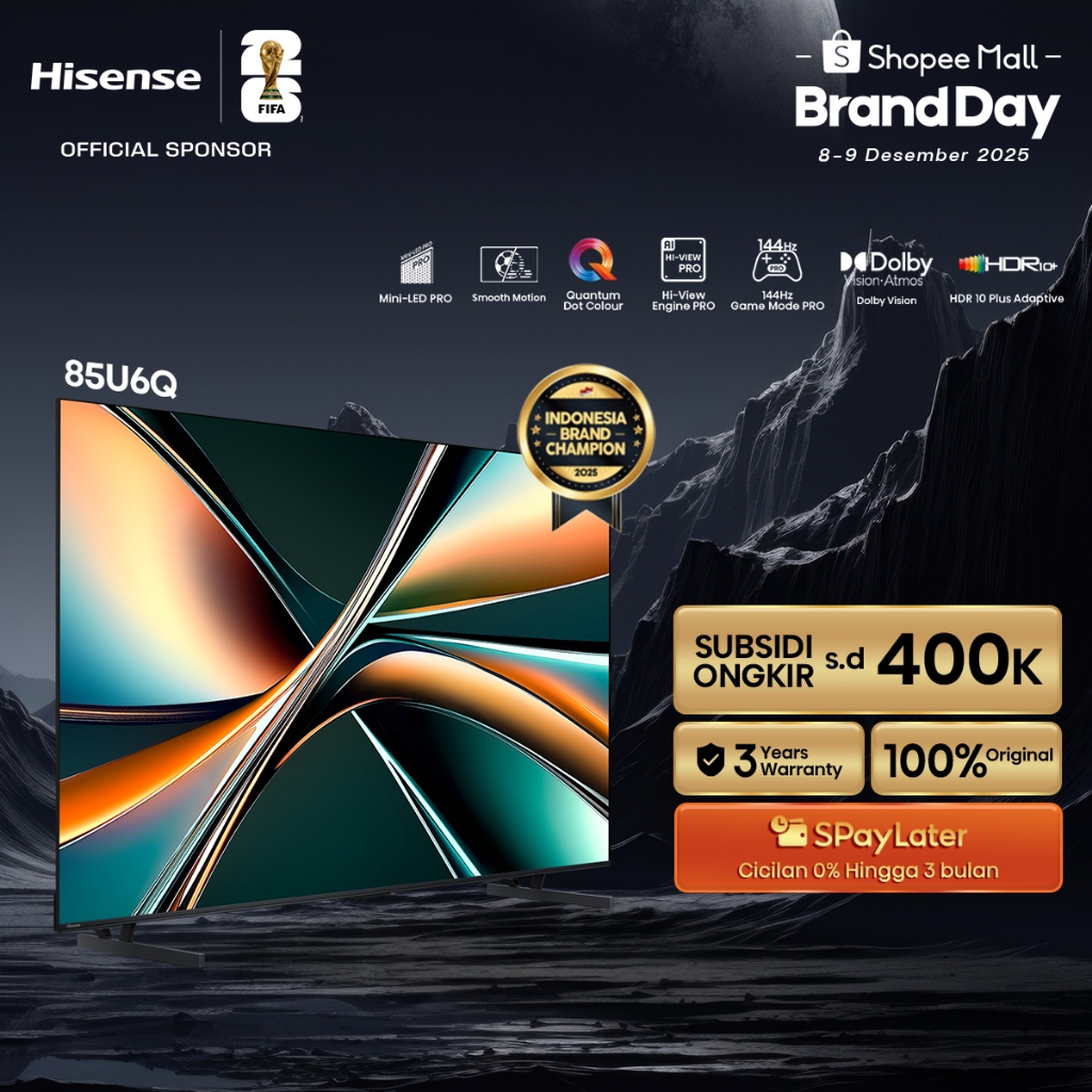 Hisense TV 85U6Q Vidaa Smart TV ULED MiniLED 85 inch Dolby Vision & Atmos 144Hz VRR Game Mode Pro Be