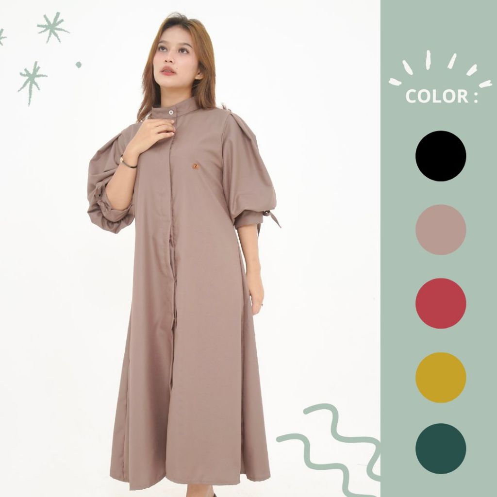 Midi dress terbaru baju tunik wanita  model lengan balon bahan katun premium design polos exlusif