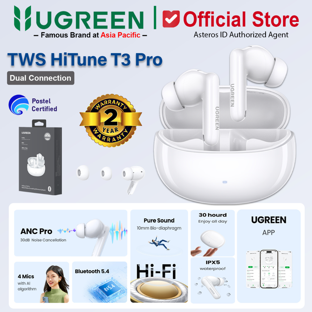 UGREEN Premium HiTune T3 Pro Earphone TWS Wireless Bluetooth 5.4 Active Noise-Cancelling 35725