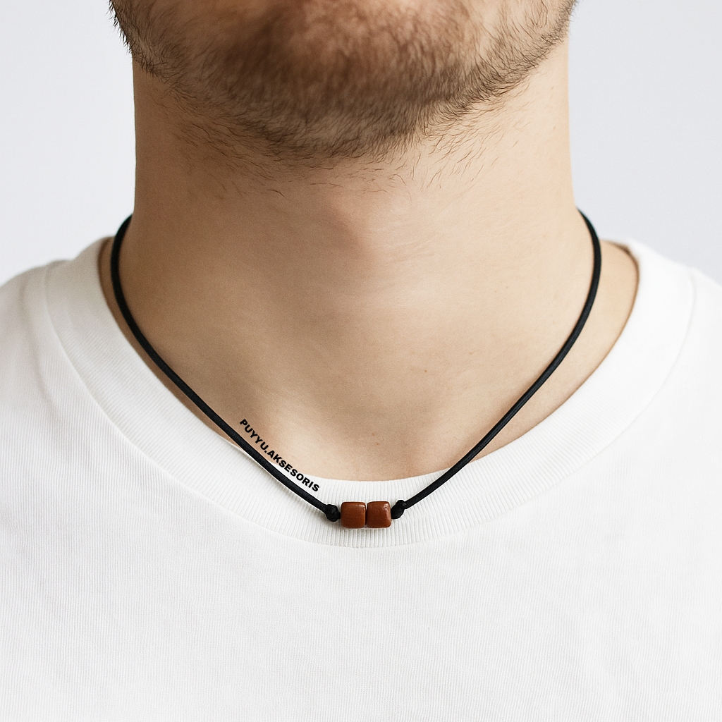 Kalung Kayu Kaukah 2 Beads Handmade Tali Satin Hitam | Necklace Estetik Natural Cowok Cewek