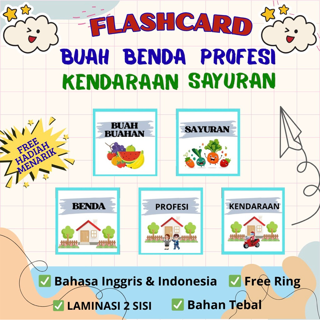 [TERMURAH] - FLASHCARD BUAH - FLASHCARD SAYURAN - FLASHCARD BENDA - FLASHCARD PROFESI - FLASHCARD KE