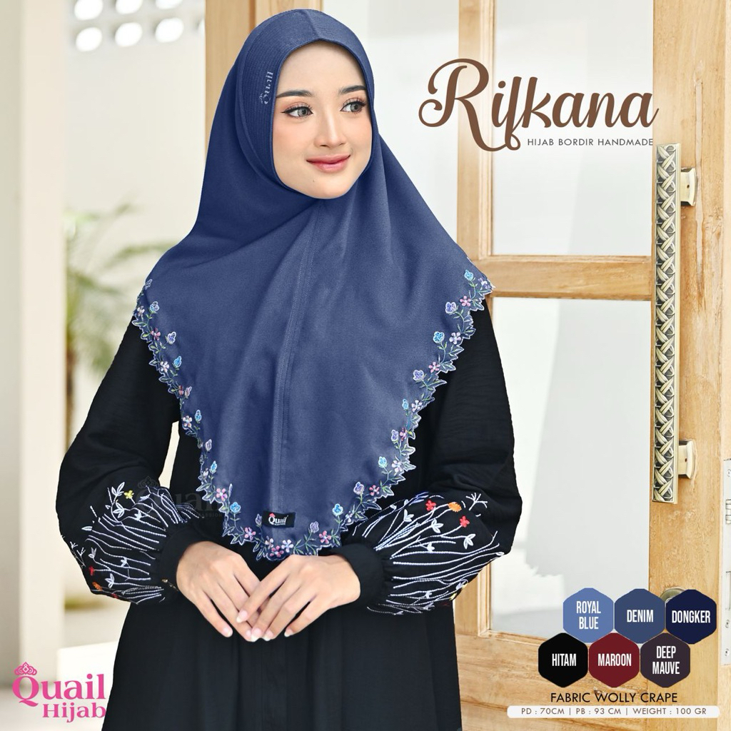 Rifkana Hijab Bordir Handmade Original Quail Hijab Instan Wanita Hijab Wollycrape Bordir Bunga Quail
