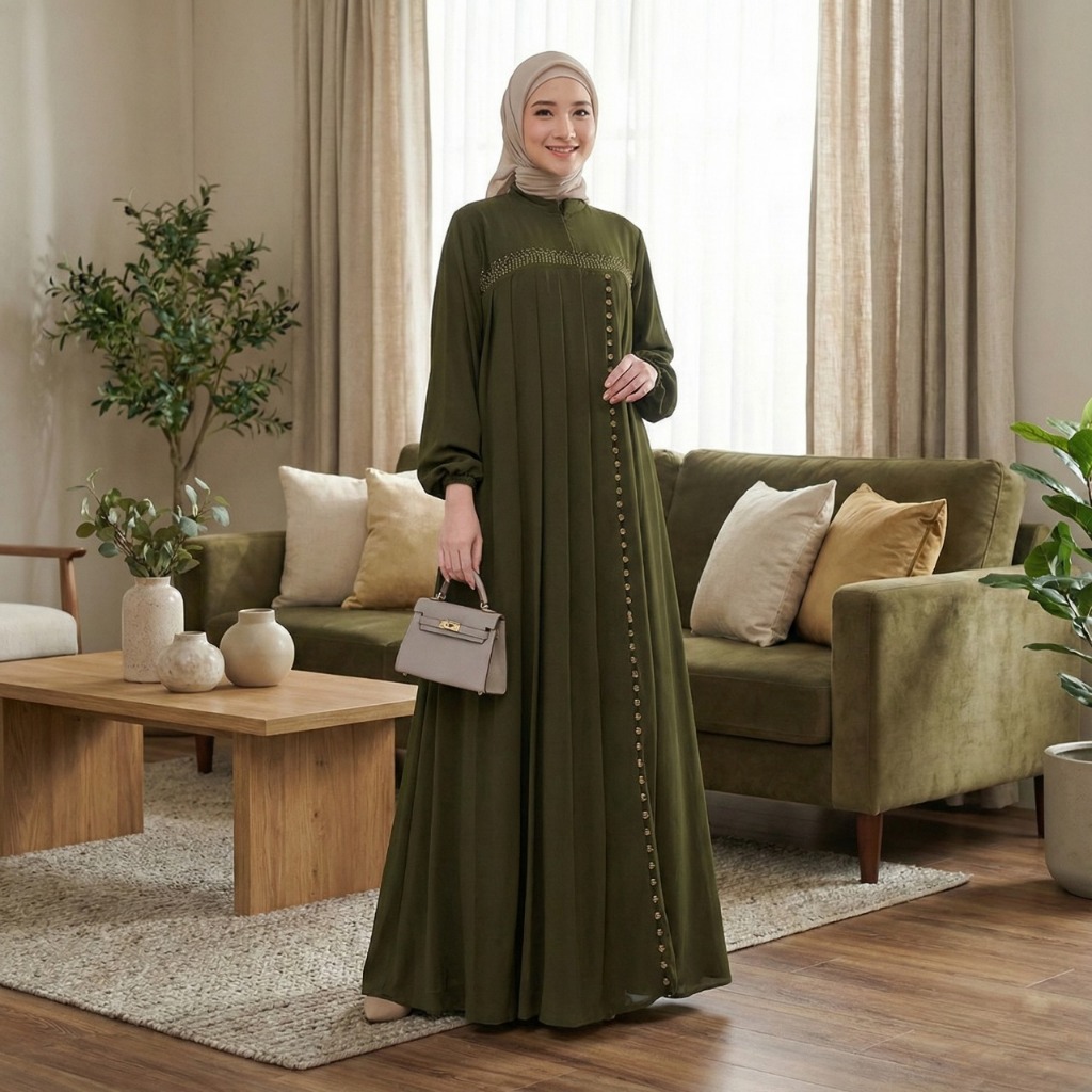 Azzahra Dress Hijau Army/Olive | Gamis Lebaran Kekinian Rempel Depan | Baju Muslimah Modern