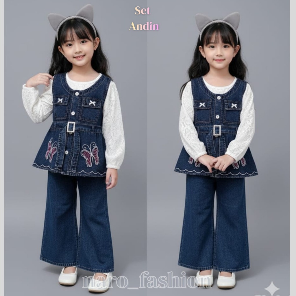 Baju Setelan Sultan Set Impor Anak Perempuan 3-10 Tahun, Baju Set Viral Keginian Jeans Premium