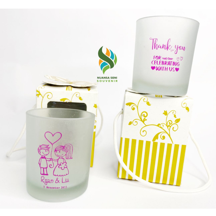 Souvenir Pernikahan Gelas Kaca Minum Jamu Gelas Sloki Kaca Mini Cangkir Lilin Beling Doff Sablon
